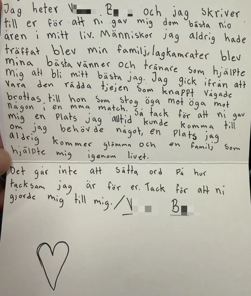 Handskrivet tackbrev från en utövare som tränat nio år i klubben